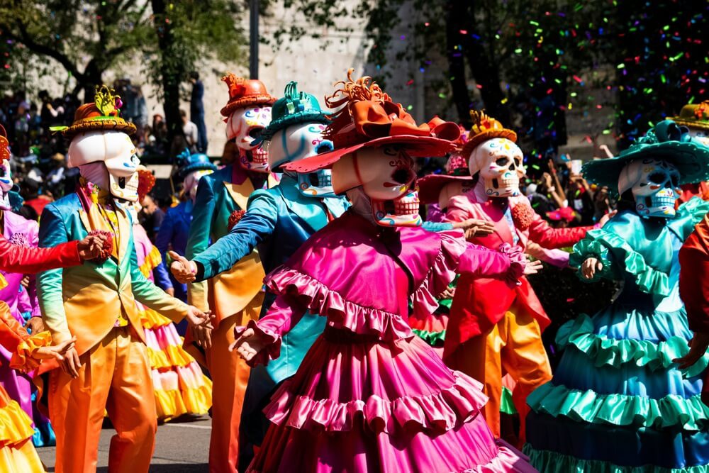 A colorful parade during Dead of the Dead in Mexico