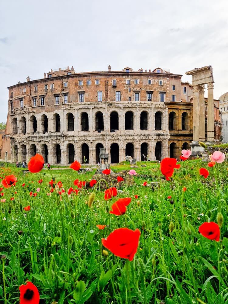 Das Marcellustheater in Rom mit seinen modernen Anbauten und Blumen im Vordergrund.