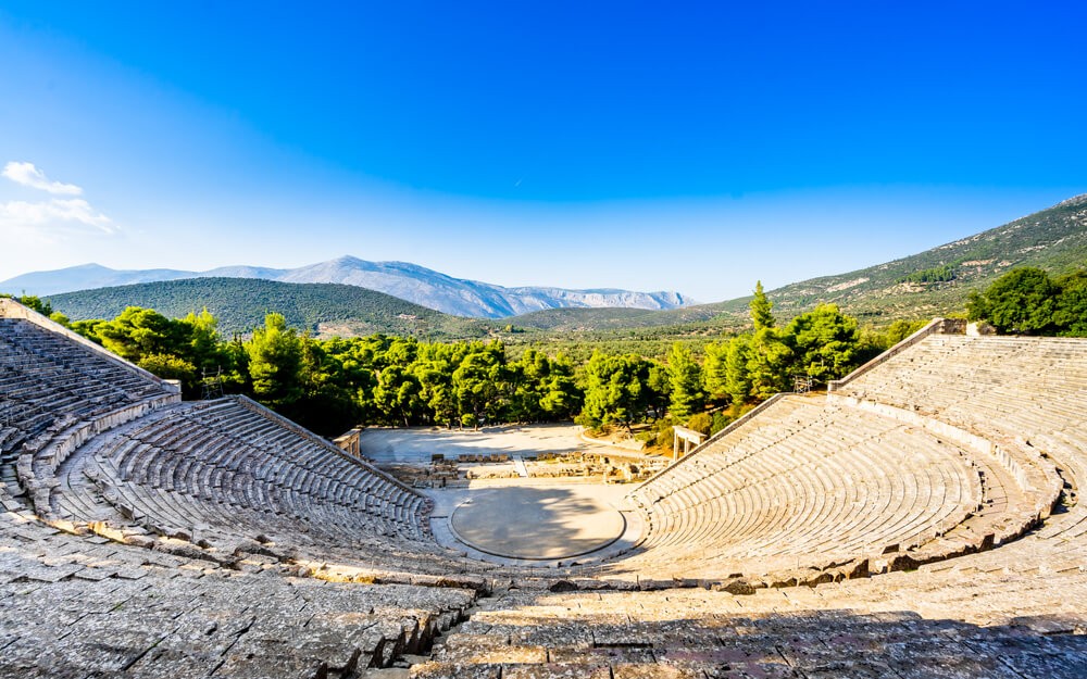 Theatre of Epidaurus: Grey stone outdoor theatre as seen from above 