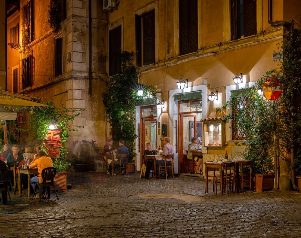 Trastevere: A traditional old Roman piazza with a restaurant at night