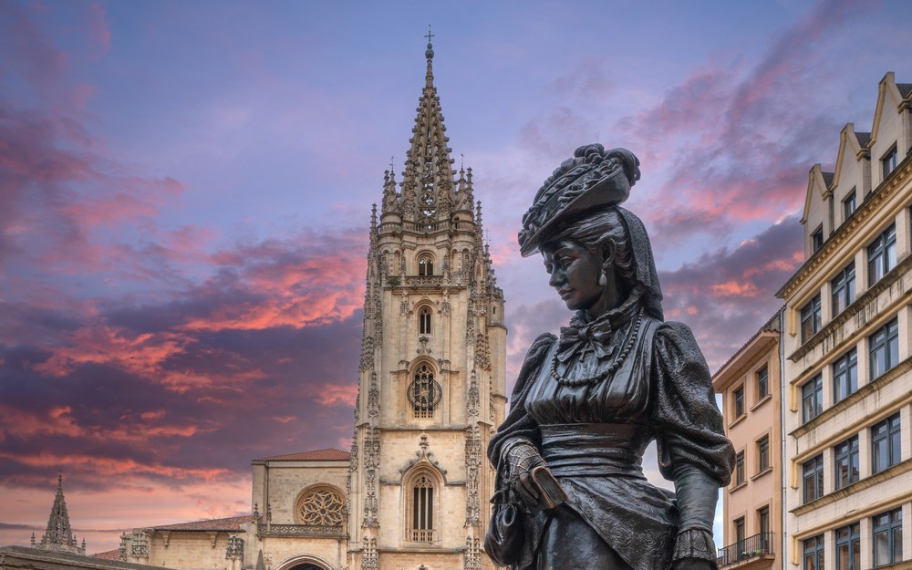 Things to do in Oviedo: Close up of a statue of a woman outside Oviedo Cathedral