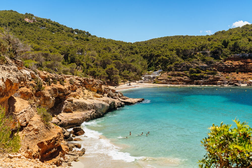 Cala Salada: Bird’s eye view of the golden cliffs, white sand, green forest and turquoise waters 