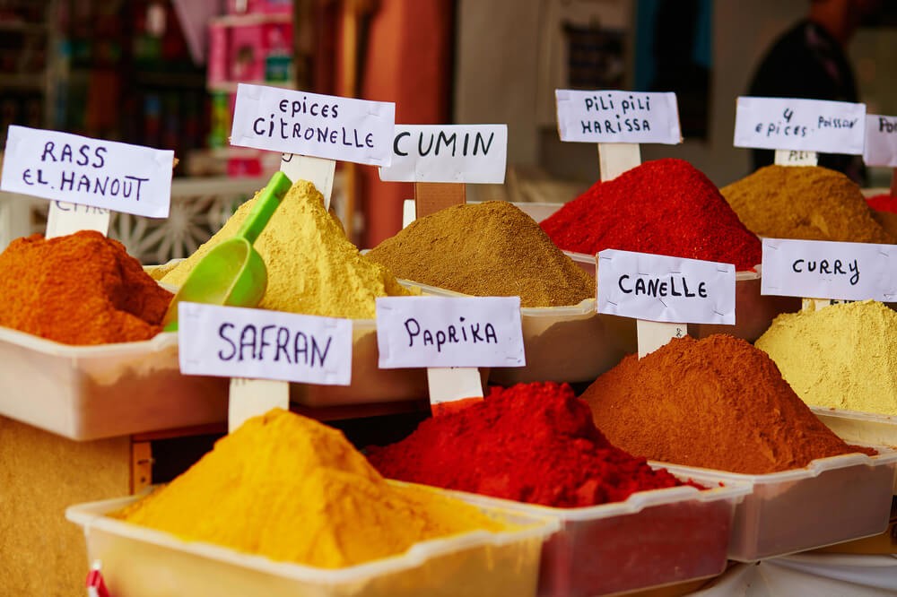 Spice Market: A table full of packets of spices to be sold in Casablanca’s markets